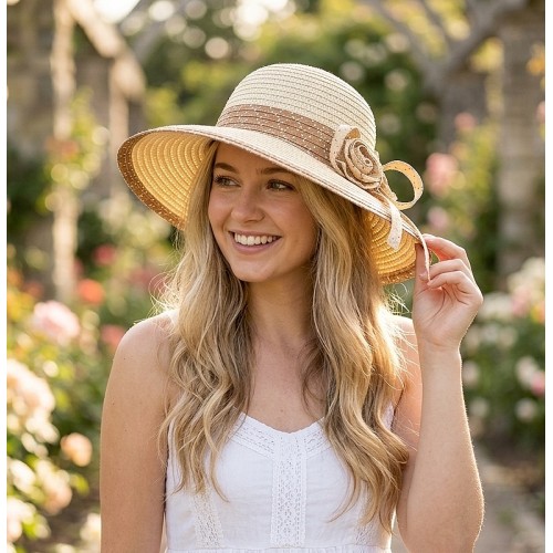 Wide Brim Hat - 2 Tones w/ Flower - Natural - HT-H2269NT